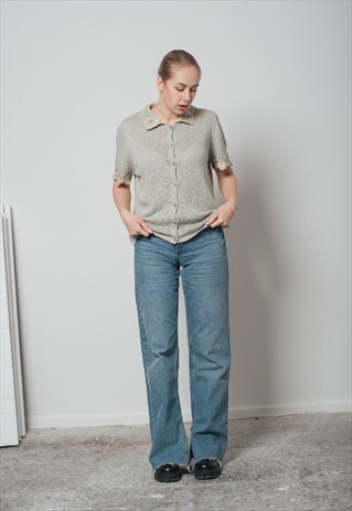 VINTAGE BOXY FIT SHORT SLEEVE EMBROIDERED TOP IN GREEN KNIT