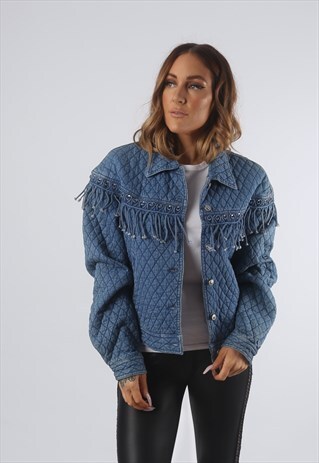 VINTAGE DENIM QUILT FRINGE TASSEL JACKET UK 12 M (J93N)