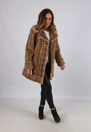 VINTAGE FAUX FUR COAT JACKET SHORT MID UK S 10 (J3L)