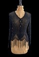 VINTAGE INDIA BOUTIQUE BLACK CROCHET SHEER CARDIGAN DIAMANTE