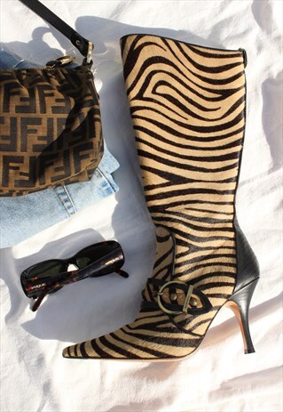 VINTAGE Y2K ZEBRA PRINT COW HIDE LEATHER KNEE HIGH BOOTS