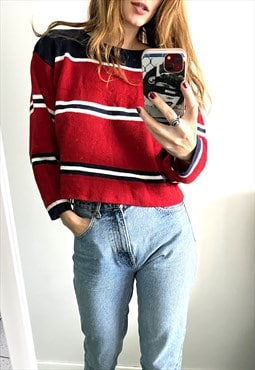Retro 70s Red Striped Crop Sweater / Jumper - Large 