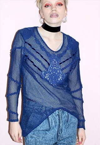 80'S VINTAGE OPEN MESH BLUE KNITTED SEXY BOHO JUMPER TOP