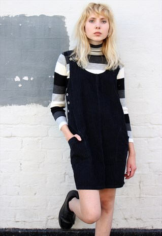 VINTAGE 90S BLACK CORDUROY PINAFORE MINI DRESS