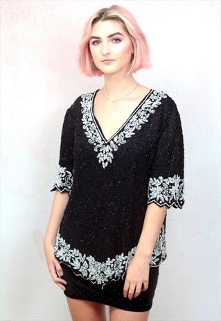1980S VINTAGE BLACK AND WHITE EMBELLISHED SILK TOP