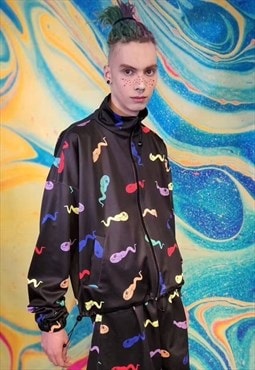 Cartoon print track jacket handmade cat emoji bomber black