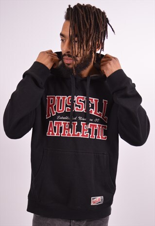 RUSSELL ATHLETIC MENS VINTAGE HOODIE JUMPER XXL BLACK 90S