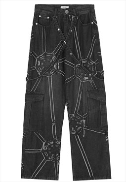 Spider web jeans ripped Gothic denim pants grunge joggers 