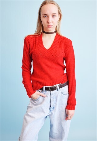 90'S RETRO MINIMALIST KNIT RED MOMS JUMPER TOP