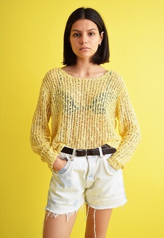 90'S RETRO YELLOW EASY FITTED FISHNET KNITTED JUMPER TOP