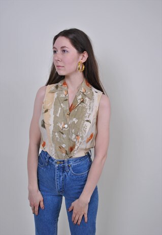 90S SLEEVELESS FLORAL BLOUSE, VINTAGE BEIGE BOHO FLOWERS TOP
