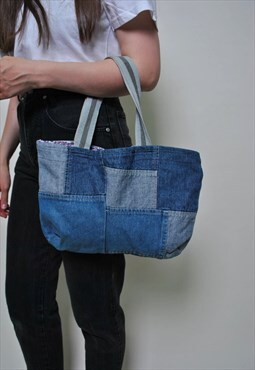 Y2k denim shoulder bag, 00s jean patchwork bag - HAND MADE