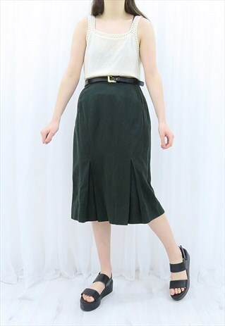 70S VINTAGE DARK GREEN PLEATED PENCIL MIDI SKIRT