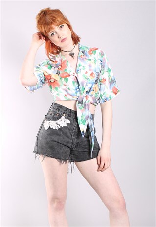 VINTAGE 80S FLORAL PATTERNED TIE UP SHIRT CROP TOP