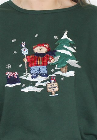 VINTAGE 90'S GREEN SKIING TEDDY BEAR SWEATSHIRT