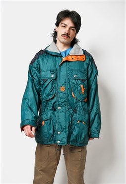 80s vintage parka green Insulated padded hooded ski jacket