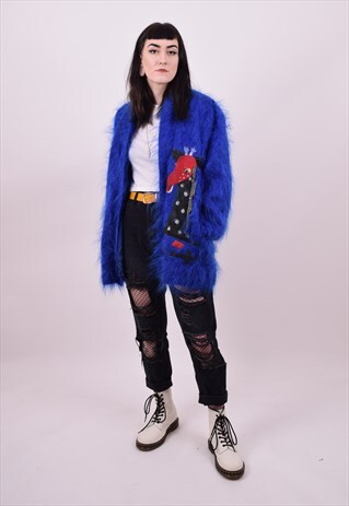 VINTAGE 80'S FLUFFY BLUE GIRAFFE MOHAIR CARDIGAN SIZE LARGE