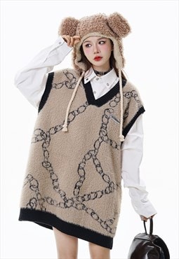 Fluffy sleeveless cardigan knitted vest chain print gilet 