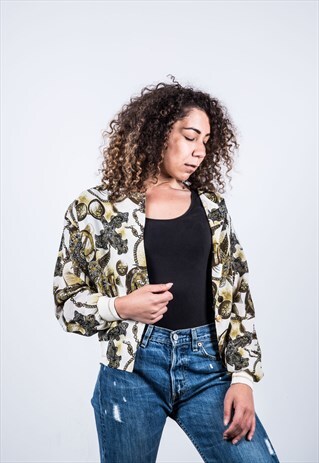 VINTAGE 1980S FESTIVAL GREEN PATTERNED BOMBER JACKET