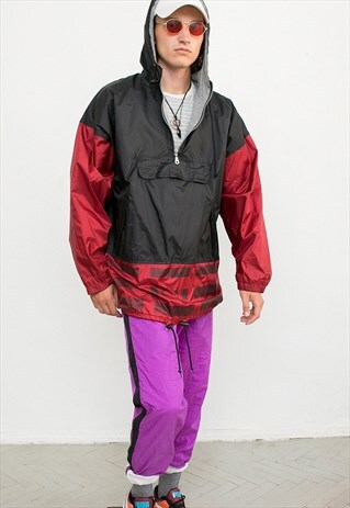 BLACK RED OUTDOOR HOODED WINDBREAKER QUARTER ZIP JACKET