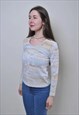 VINTAGE PULLOVER BEIGE BLOUSE, WOMAN LONG SLEEVE 90S SHIRT 