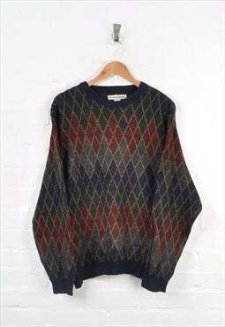 Vintage Knitted Jumper Checked Patterned Navy/Burgundy Large