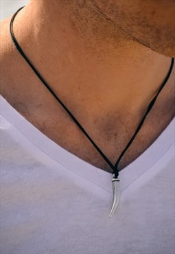 Men necklace silver plated tooth / claw necklace, black cord