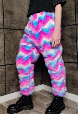 Faux fur rainbow joggers premium fleece detachable pants 