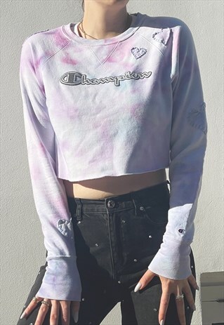 REWORKED LILAC CHAMPION TIE DYE SWEATSHIRT WITH HEARTS