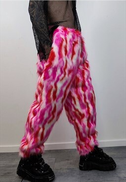 Striped fur joggers winter raver pants fluffy zebra trousers