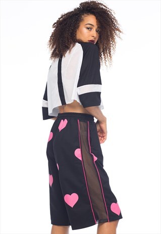 BLACK 90S CROPPED TRACKIES W/ MESH SIDES & PINK HEARTS