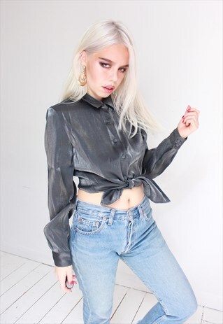 VINTAGE 90S Y2K METALLIC SILVER BLOUSE