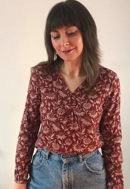 Rusty Red Boho Floral Long-sleeved Blouse Top