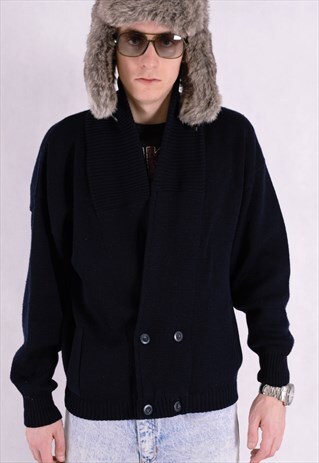 90S BUTTON UP SHAWL COLLAR, SOLID NAVY BLUE GRUNGE SWEATER