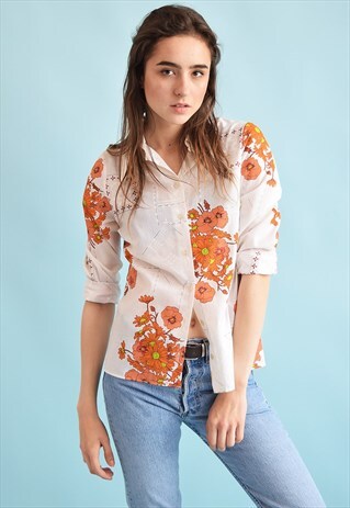VINTAGE 70'S RETRO FLORAL PRINT NEUTRAL BOHO SHIRT