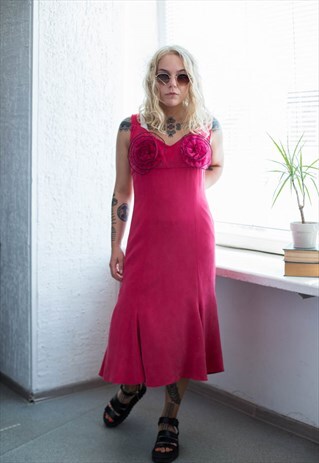 VINTAGE 70'S PINK RUFFLE FLOWER FRONT DRESS