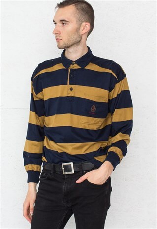 90S VINTAGE NAVY PAUL&SHARK LONG SLEEVE STRIPED POLO SHIRT