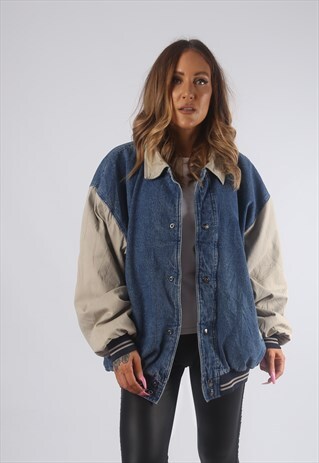 VINTAGE VARSITY DENIM BOMBER JACKET OVERSIZED UK 18 (72A)