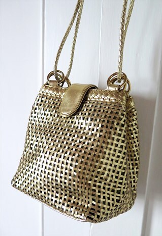 VINTAGE 80S GOLD MESH LEATHER SHOULDER BAG