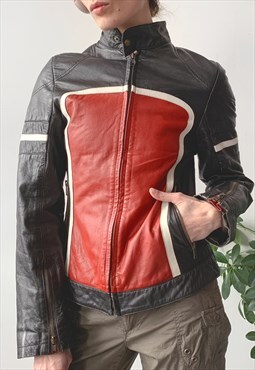 Vintage Y2K 00's Black Red Motorcycle Racing Leather Jacket