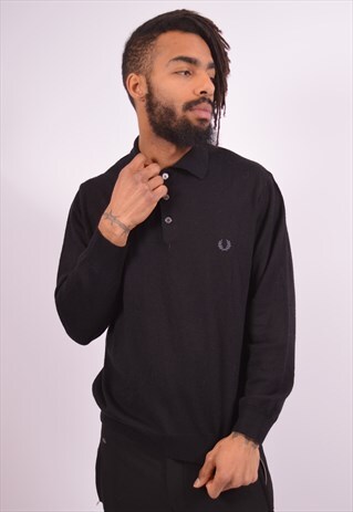 FRED PERRY MENS VINTAGE JUMPER SWEATER MEDIUM BLACK 90S