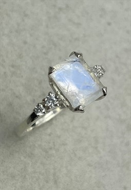 Silver Moonstone Ring Crystal Boho Emerald cut gemstone