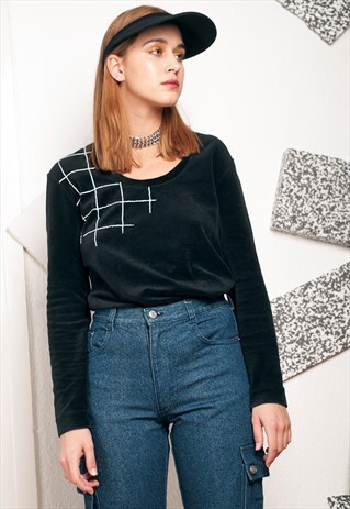 REWORKED VINTAGE HAND EMBROIDERED GRID VELVET TOP