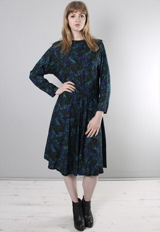 VINTAGE 80S GREEN FLORAL PATTERNED LONG SLEEVE MIDI DRESS