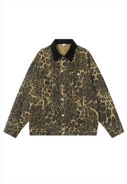 Leopard denim jacket button animal print jean bomber green