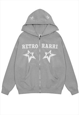 Retro hood star patch top long zip pullover in vintage grey