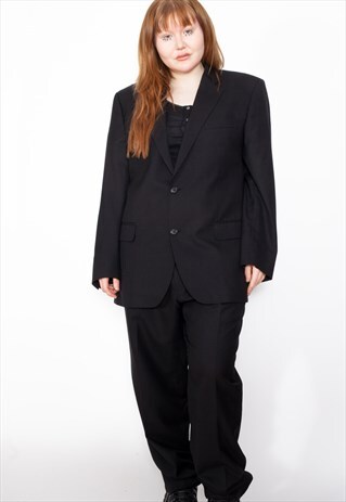 VINTAGE 80S BLACK PINSTRIPE BLAZER TROUSERS SUIT ID:1731