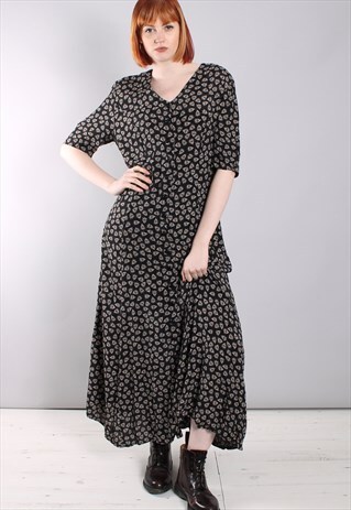 VINTAGE 90S PATTERNED BUTTON TIE BACK MAXI DRESS
