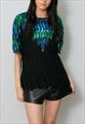 80'S VINTAGE BLACK SHORT SLEEVE SEQUIN TOP GREEN BLUE 