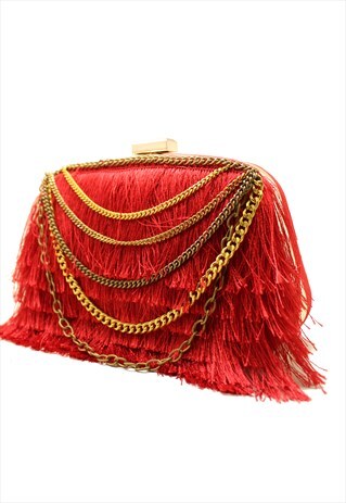 RED LAYERED FRINGE EVENING CLUTCH BAG